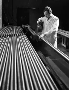 Steelworker Prints: Crack detection on round bars, J Beardshaw & Sons, Sheffield, South Yorkshire, 1963