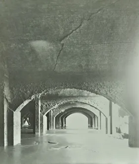 Woolwich Prints: Cracks in the brickwork from wartime bombing, Beckton Sewage Works, London, 1946