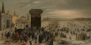River Scheldt Prints: The Crane on the Antwerp Quay by the Frozen Scheldt, 1622. Creator: Sebastian Vrancx