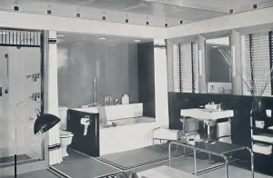 Crane Co. - A black, white, red and grey scheme wth an unglazed ceramic tile floor