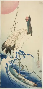 Crane, waves, and rising sun, 1830s. Creator: Ando Hiroshige