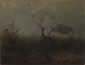 Wading Bird Prints: Cranes, 1870. Creator: Jozef Chelmonski