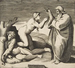 M Angelo Prints: The creation of Eve who emerges from behind Adam, ca. 1530-70. Creator: Giulio Bonasone