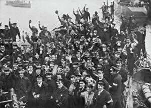 Cheering Gallery: The crew of HMS Vindictive celebrating the Zeebrugge Raid on 23 April 1918