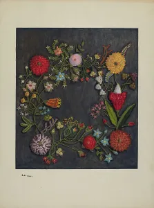 Crewel Prints: Crewel Wreath, c. 1941. Creator: Genevieve Jordan