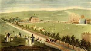 Brighton Prints: Cricket at Irelands Royal Brighton Gardens, c. 1830, (1947). Creator: George Hunt