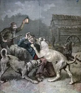 A criminal attacked by three large dogs, 1891. Artist: Henri Meyer