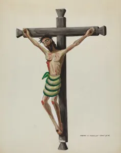 Cristo, Carved and Painted, on Black Carved Wooden Cross, c. 1937. Creator: Majel G Cristo, Carved and Painted, on Black Carved Wooden Cross, c. 1937. Creator: Majel G
