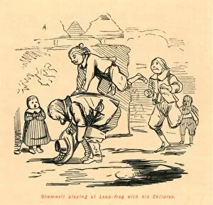 The Comic History Of England Gallery: Cromwell playing at Leap-frog with his Children, 1897. Creator: John Leech