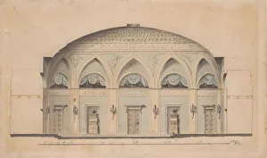Cross Section Prints: Cross-Section of a Domed Room with Urns and Candelabra, ca. 1800. Creator: Anon
