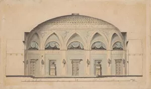 Brush And Gray Wash Gallery: Cross-Section of a Domed Room with Urns and Candelabra, ca. 1800. Creator: Anon