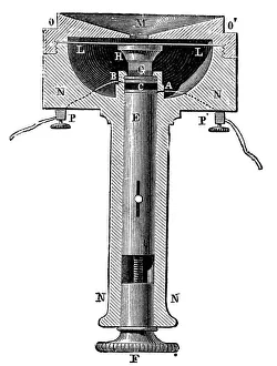 Edison Prints: Cross-section of Edisons lamp-black (carbon) button telephone transmitter (microphone)