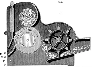 Cross-section of Eli Whitneys (1765-1825) saw-gin for cleaning cotton, 1865 Cross-section of Eli Whitneys (1765-1825) saw-gin for cleaning cotton, 1865