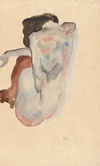 Schiele Prints: Crouching Nude in Shoes and Black Stockings, Back View, 1912. Creator: Egon Schiele