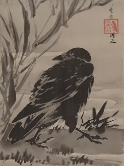 Kawanabe Kyosai Prints: Crow and Reeds by a Stream, ca. 1887. Creator: Kawanabe Kyosai