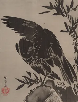 Kawanabe Kyosai Prints: Crow on a Rock, ca. 1887. Creator: Kawanabe Kyosai