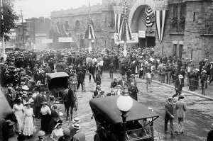 Democratic Party Prints: Crowd in front of Convention Hall, Baltimore, Maryland, 1912. Creator: Bain News Service