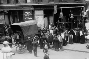 Butchers Prints: Crowd gathered in front of butcher shop during meat riot