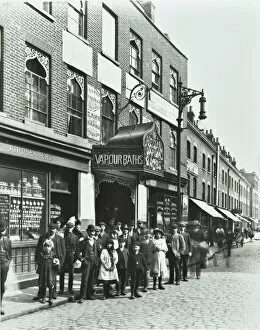 Greater London Council Gallery: Crowd outside the Russian Vapour Baths, Brick Lane, Stepney, London, 1904