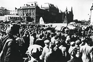 Crowds around a downed German bomber on display in Sverdlov Square, Moscow, 1941 Crowds around a downed German bomber on display in Sverdlov Square, Moscow, 1941