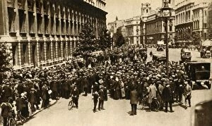 Crowds waiting outside Downing Street in London for news about...war, July 1914, (1933)