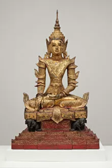 Burmese Collection: Crowned and Bejewelled Buddha Seated on an Elephant Throne, Late 19th century. Creator: Unknown