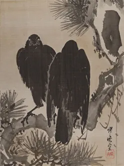 Kawanabe Kyosai Prints: Two Crows on a Pine Branch, ca. 1887. Creator: Kawanabe Kyosai