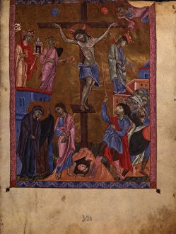Armenian Church Gallery: The Crucifixion (Manuscript illumination from the Matenadaran Gospel), 1268