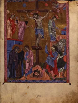 Armenian Church Gallery: The Crucifixion (Manuscript illumination from the Matenadaran Gospel), 1268