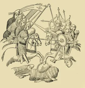 Saracens Prints: Crusaders and Saracens in Battle, c1930. Creator: Unknown