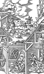 Power Generation Prints: Crushing gold bearing ores in mills similar in principle to flour mills, 1556