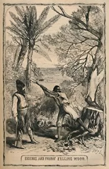 Defoe Collection: Crusoe and Friday Felling Wood, c1870