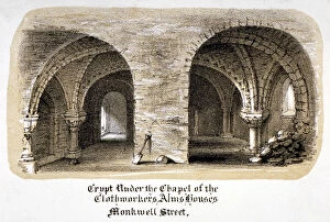 Crypt Gallery: Crypt under the Chapel of the Clothworkers Almshouses, Monkwell Street, City of London, c1825