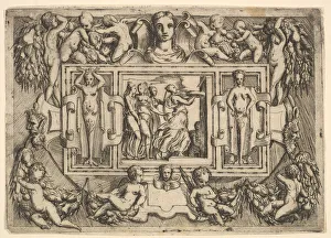 Andrea Schiavone Prints: The Cumeaean sibyl walking to the right and carrying a tray, followed by three wome