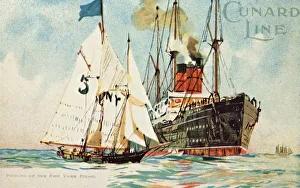 Etruria Prints: Cunard Line - Picking Up the New York Pilot, c1904. Creator: Unknown