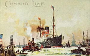 Passenger Ship Gallery: A Cunard occean liner enters the North River, New York City, USA, c1900. Creator: Unknown
