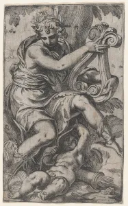 Paolo Prints: Cupid and Apollo with a lyre, ca. 1568. ca. 1568. Creator: Paolo Farinati