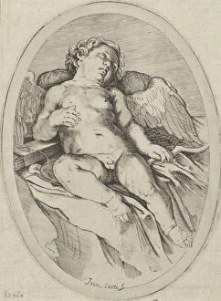 Cupid asleep, resting his right arm on his quiver and his left arm on his bow, an oval