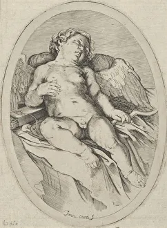 Francesco Curti Prints: Cupid asleep, resting his right arm on his quiver and his left arm on his bow, an oval