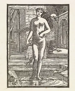 Modest Prints: Cupid and Psyche - Psyche at the Bath, 1880. Creator: Sir Edward Coley Burne-Jones