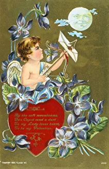 Love Letter Collection: Cupid shooting an arrow carrying a love letter, American Valentine card, 1908