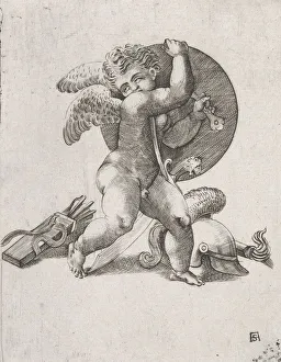 Shielding Prints: Cupid with Weapons of Mars, c1547-62. Creator: Adamo Scultori