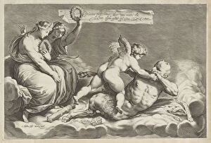 Cupid wrestling with Pan, amongst the clouds, with two allegorical women seated at le... 1598-1632