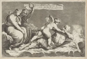 Cavaliere Darpino Prints: Cupid wrestling with Pan, amongst the clouds