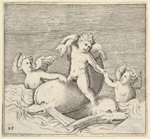 Giovanni Battista Franco Gallery: Three Cupids and Two Dolphins, published ca. 1599-1622. Creator: Unknown