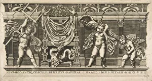 Marco Dente Gallery: Three cupids in front of a facade with pilasters, one holding a trident and anoth... ca