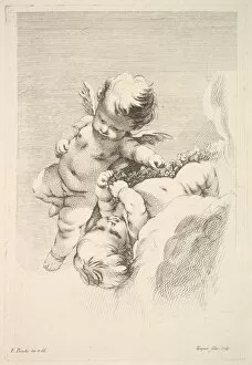 Cherub Collection: Two Cupids, One Holding a Wreath, mid to late 18th century