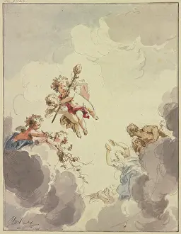 Cupid Prints: Cupids with a thyrsus and Bacchantes in clouds, 1740. Creator: Jacob de Wit