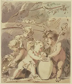Cupid Prints: Four cupids by a vase, early-mid 18th century. Creator: Jacob de Wit