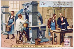 Currency, minting and cheking the gold coins, c1900